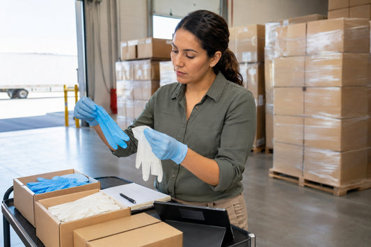 Professional buyer comparing disposable glove types for bulk workplace supply planning