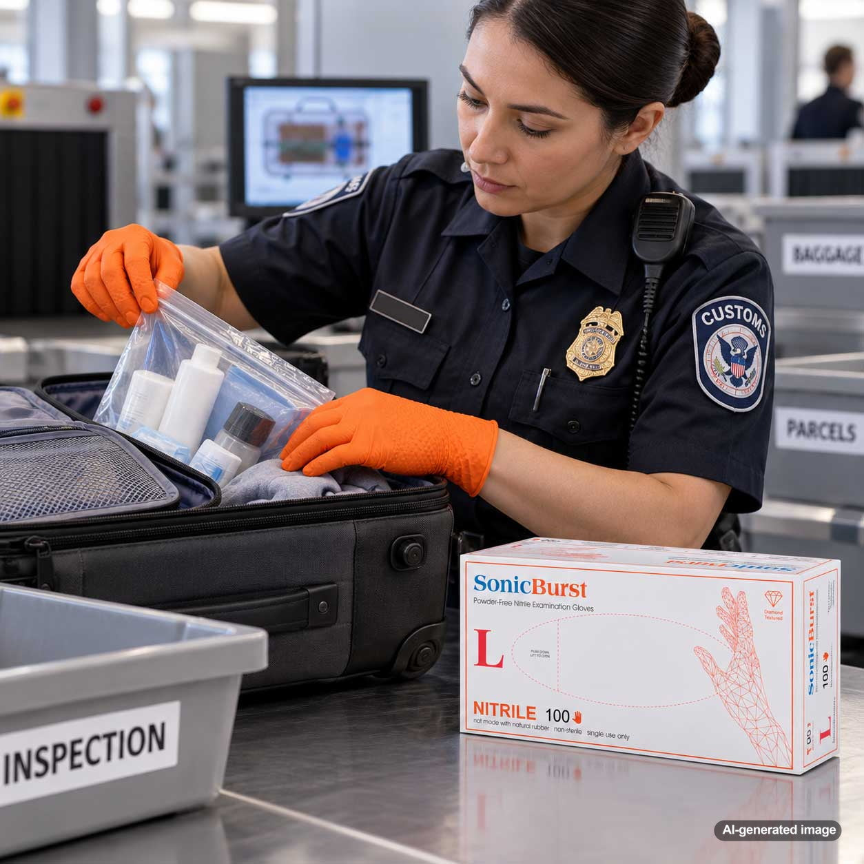 Customs inspection professional wearing Medgluv SonicBurst gloves while examining luggage and goods