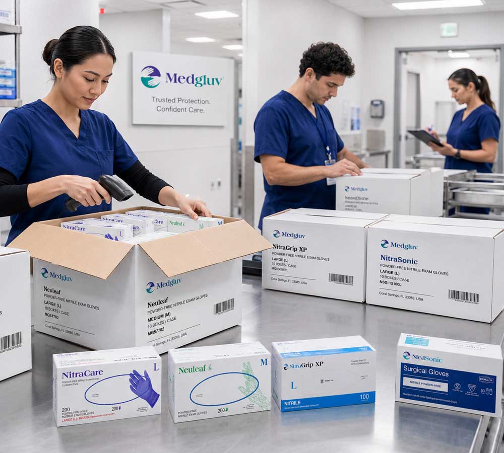 Healthcare supply team organizing MedGluv glove cases for facility distribution