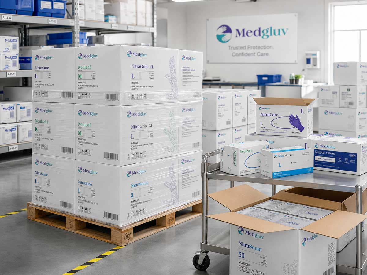 MedGluv glove cases and PPE products prepared for distributor and facility supply