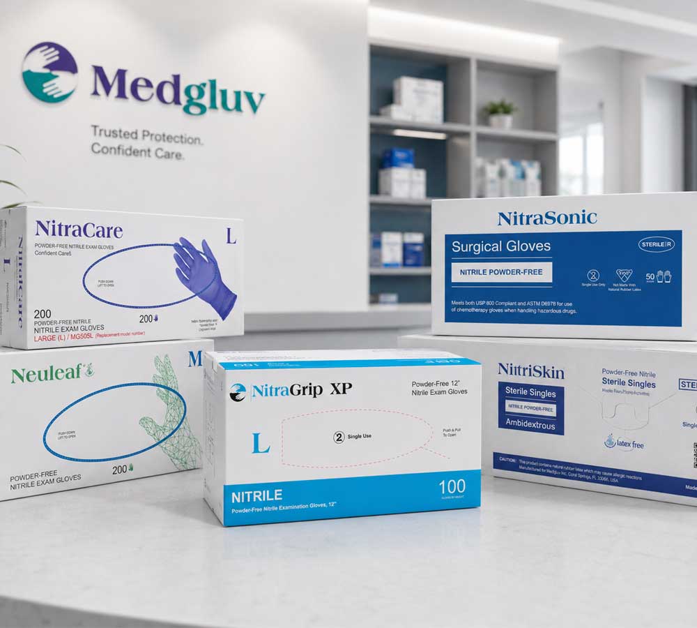 MedGluv glove boxes arranged for professional medical and business supply ordering