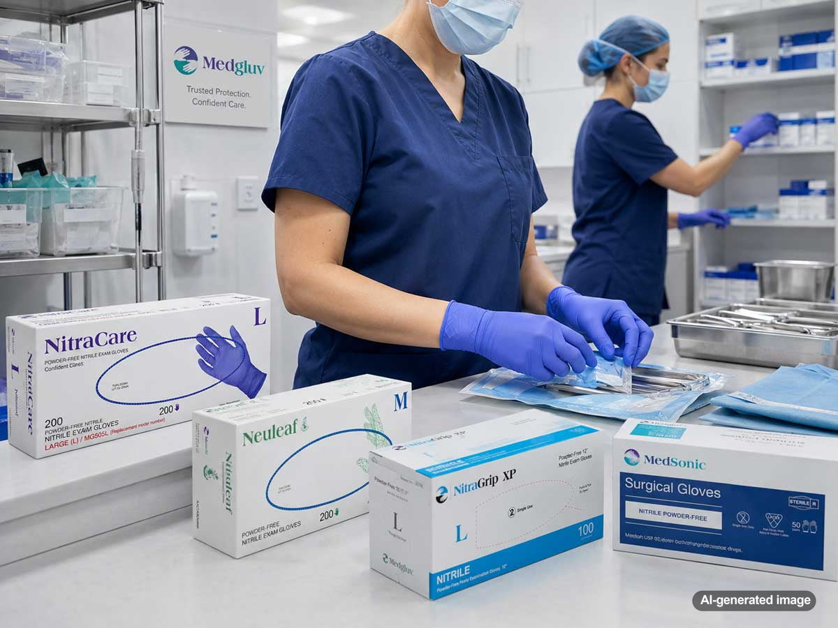 Medical professionals using MedGluv exam gloves in a clean healthcare environment
