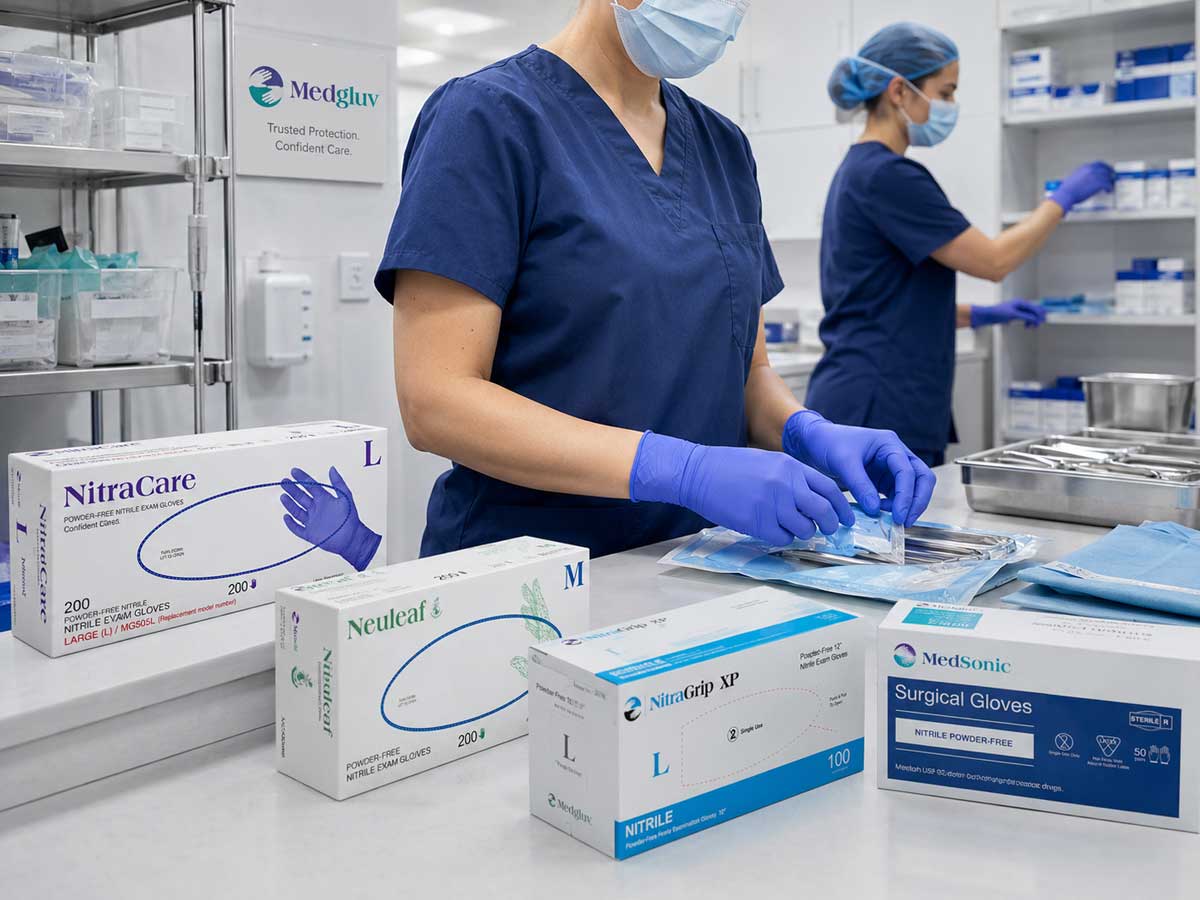 Medical professionals using MedGluv exam gloves in a clean healthcare environment