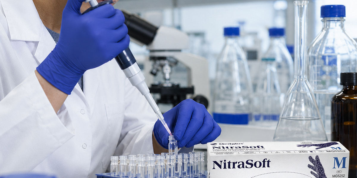 Professional wearing disposable gloves in a clinical setting