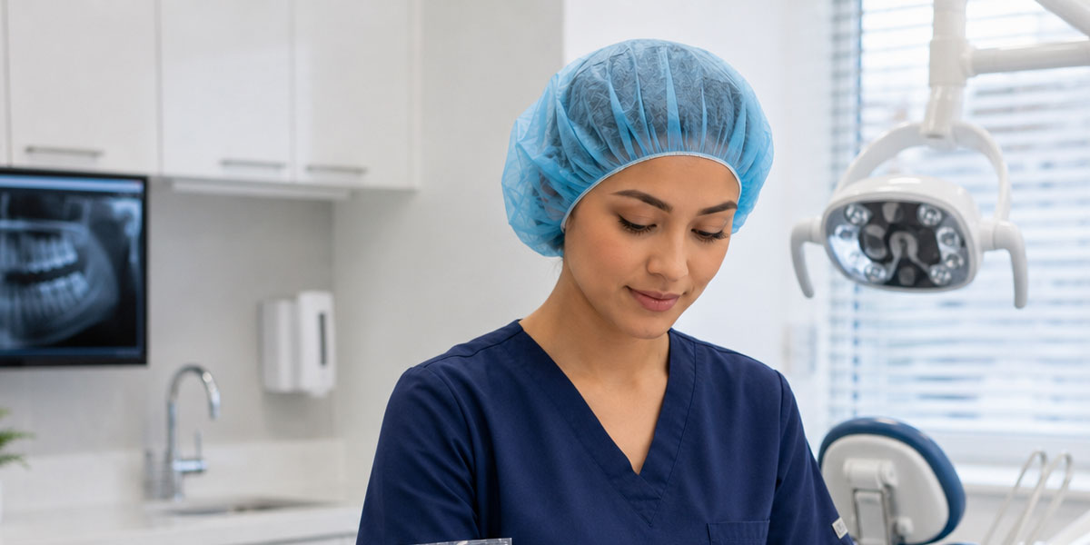 Professional wearing a bouffant cap in a clinical setting