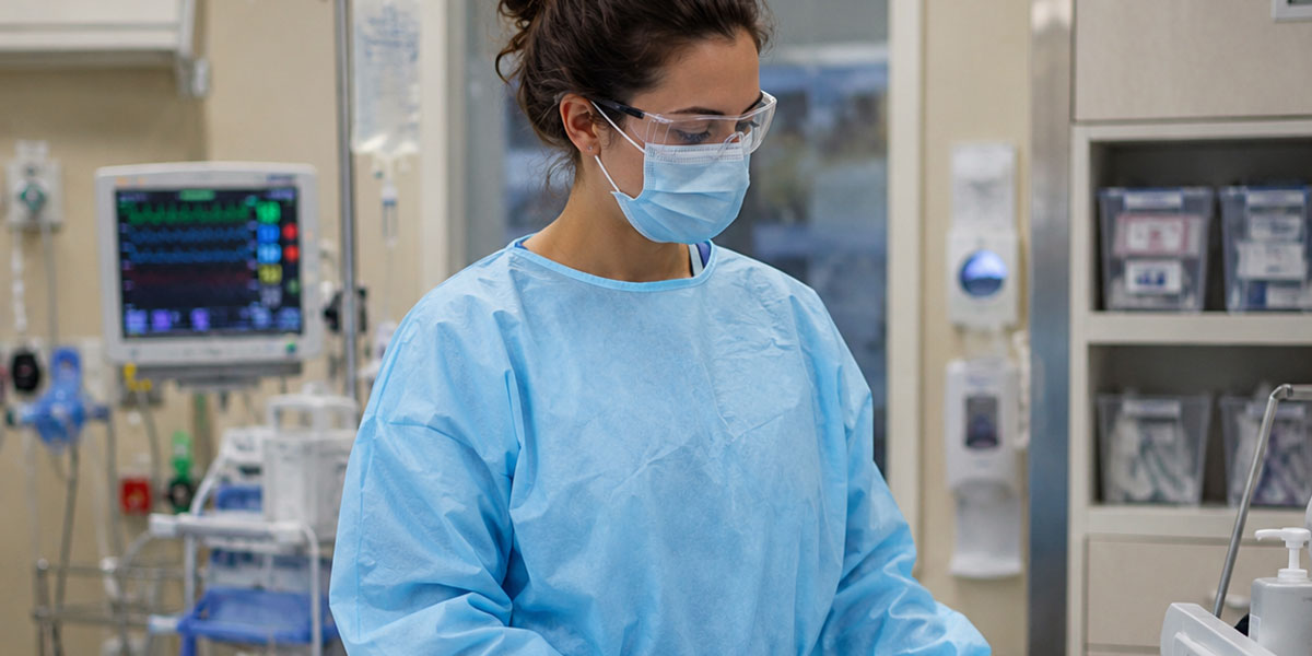 Professional wearingan  isolation gown in a clinical setting