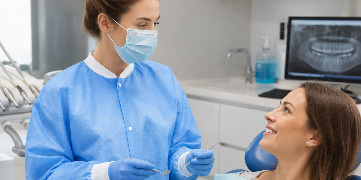 Professional wearing a disposable lab coat in a clinical setting