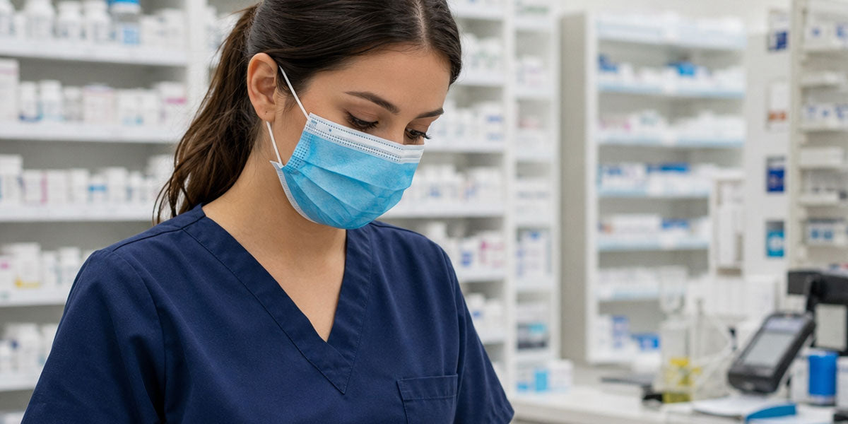 Professional wearing a mask in a clinical setting