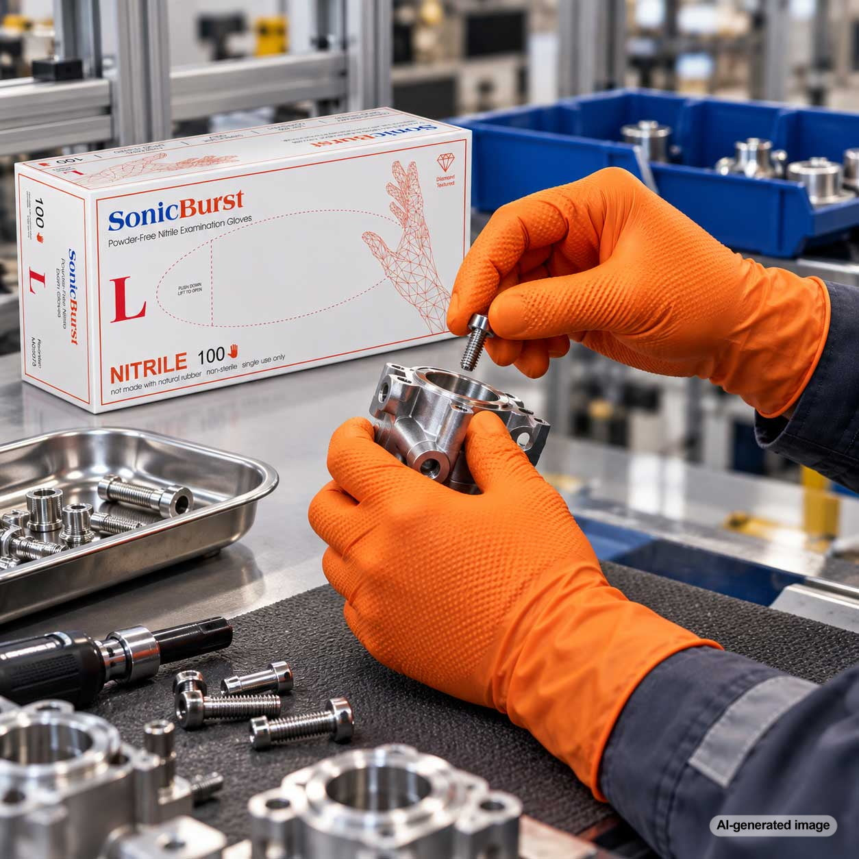 Mechanical assembly technician wearing orange Medgluv nitrile gloves while working with precision metal components