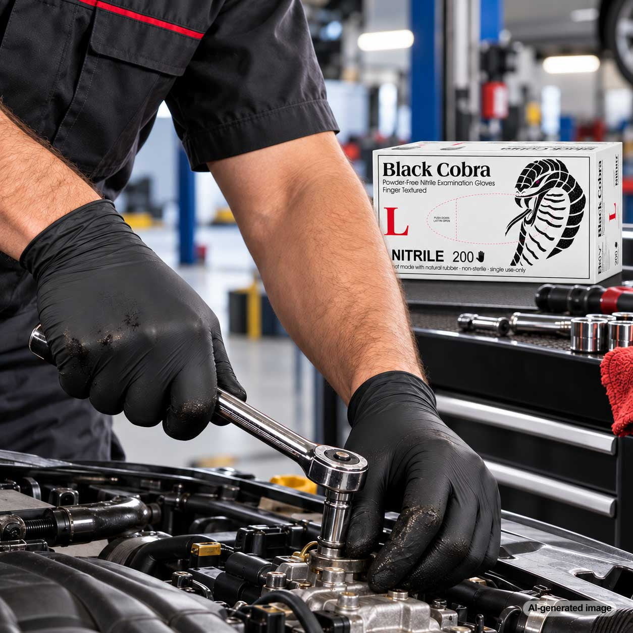 Automotive mechanic wearing Medgluv black nitrile gloves while working in an engine bay