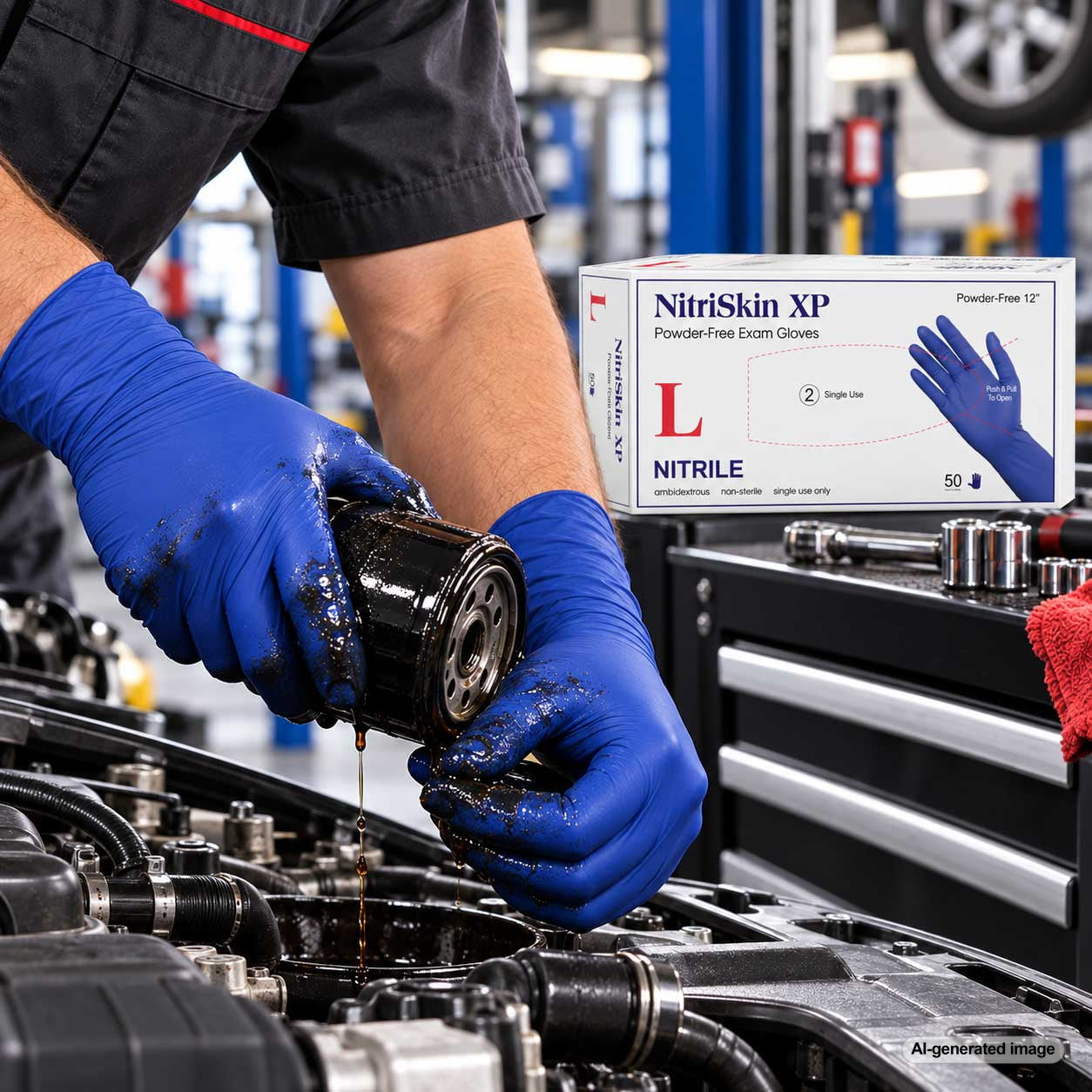 Automotive technician wearing blue nitrile gloves while handling an oil filter during vehicle maintenance