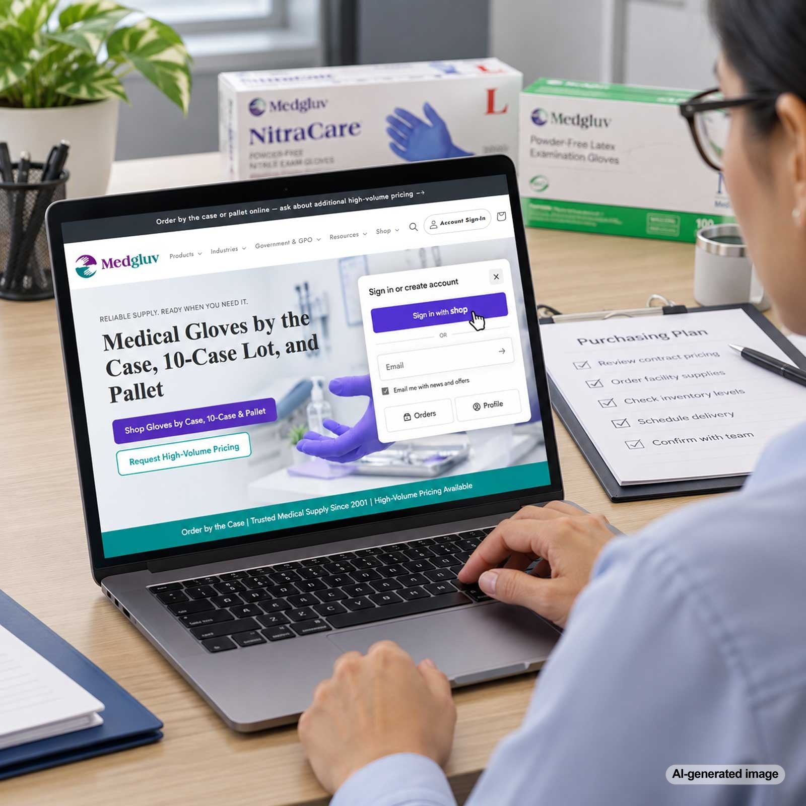Existing Medgluv contract customer signing into an online account to access organizational purchasing