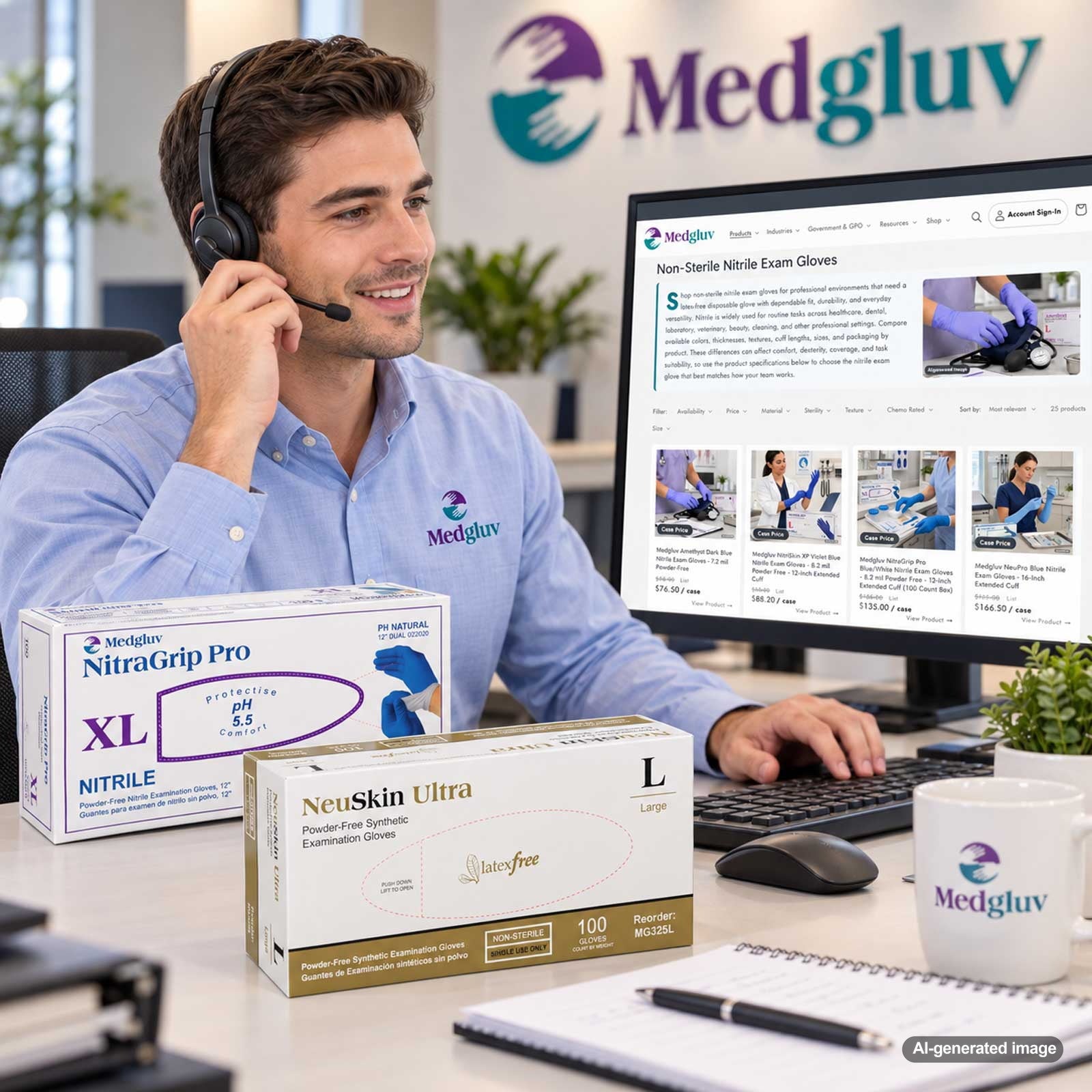 Medgluv account support representative assisting an institutional customer with online ordering and account access