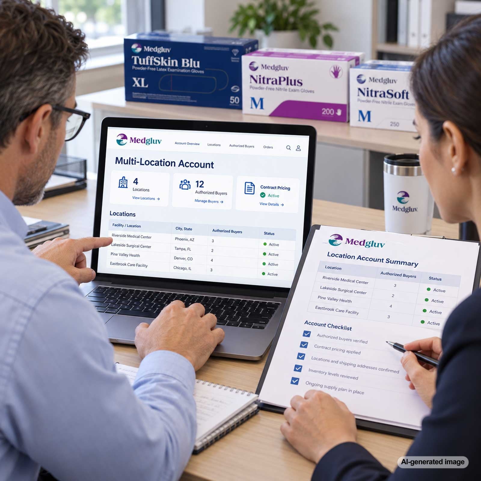 Institutional purchasing team reviewing Medgluv authorized buyers, company locations, and contract pricing