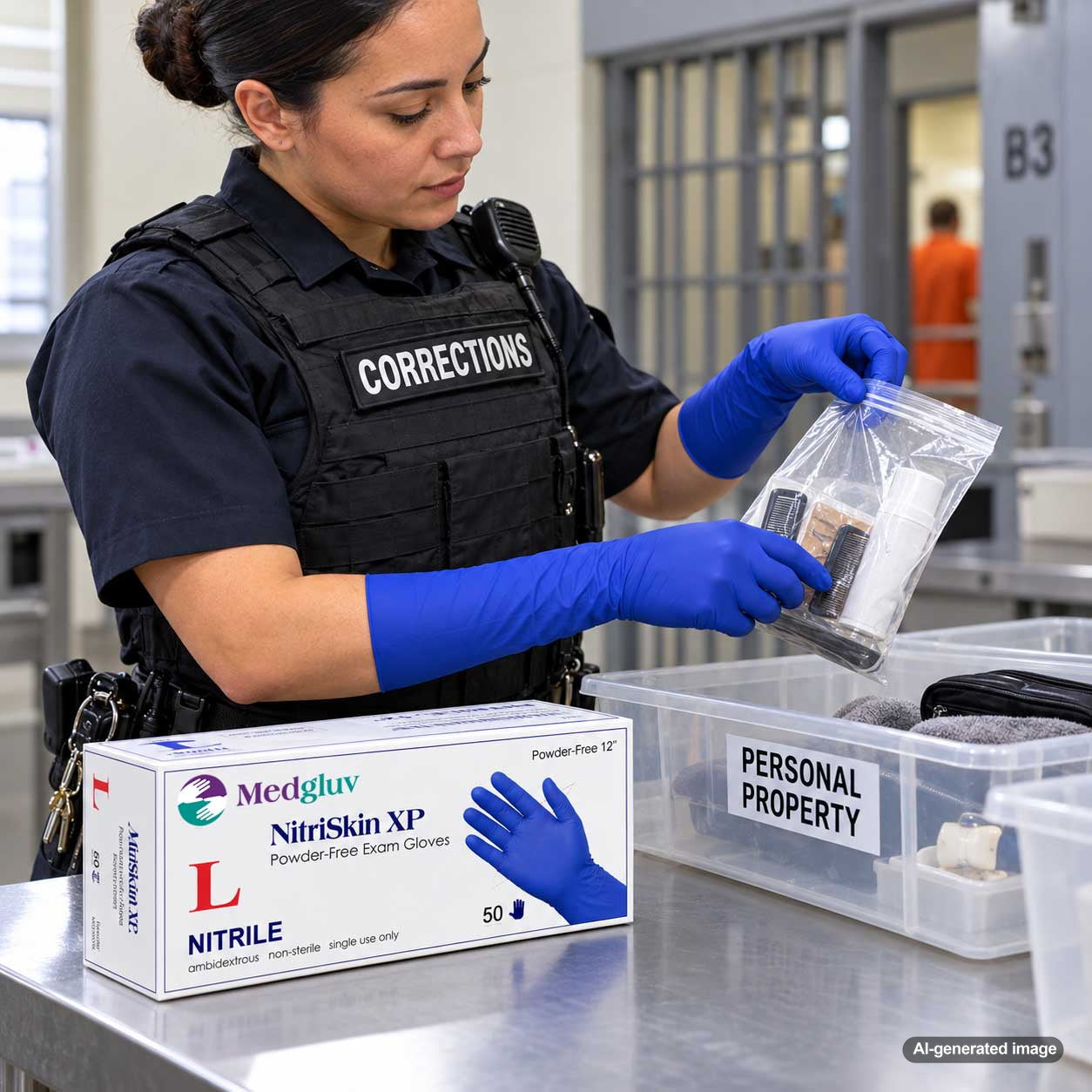 Correctional facility professional wearing disposable gloves during intake and property inspection