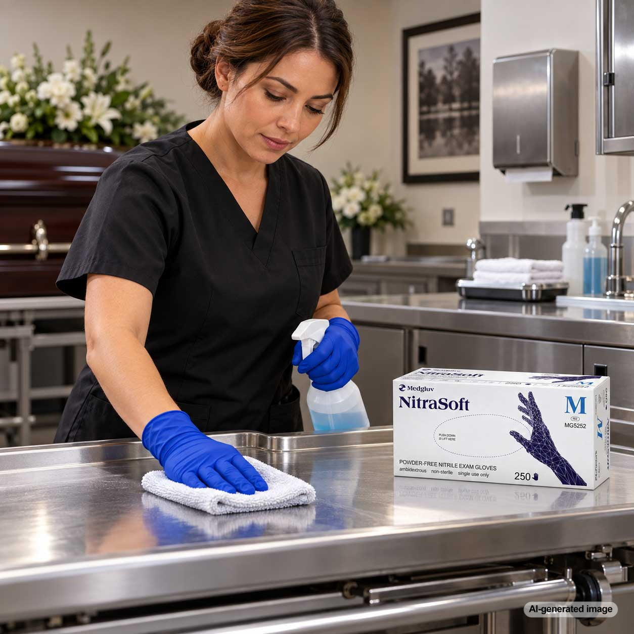 Funeral home professional wearing blue Medgluv nitrile gloves while cleaning a mortuary preparation surface