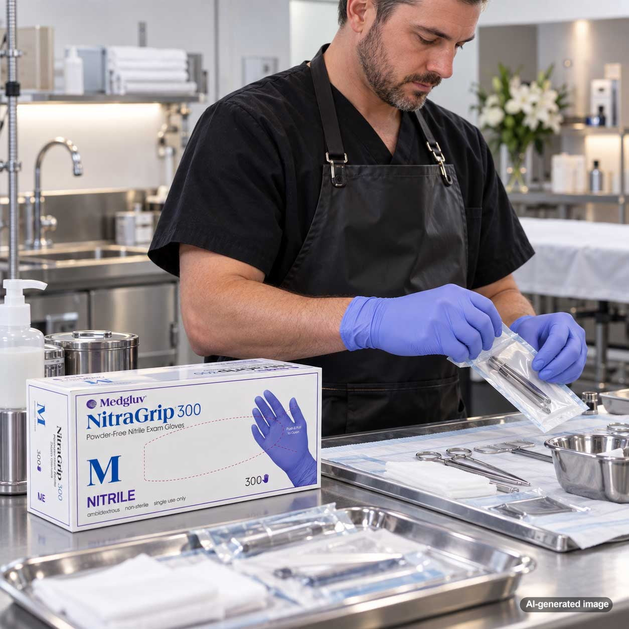 Mortuary professional wearing Medgluv nitrile gloves in a funeral home preparation room