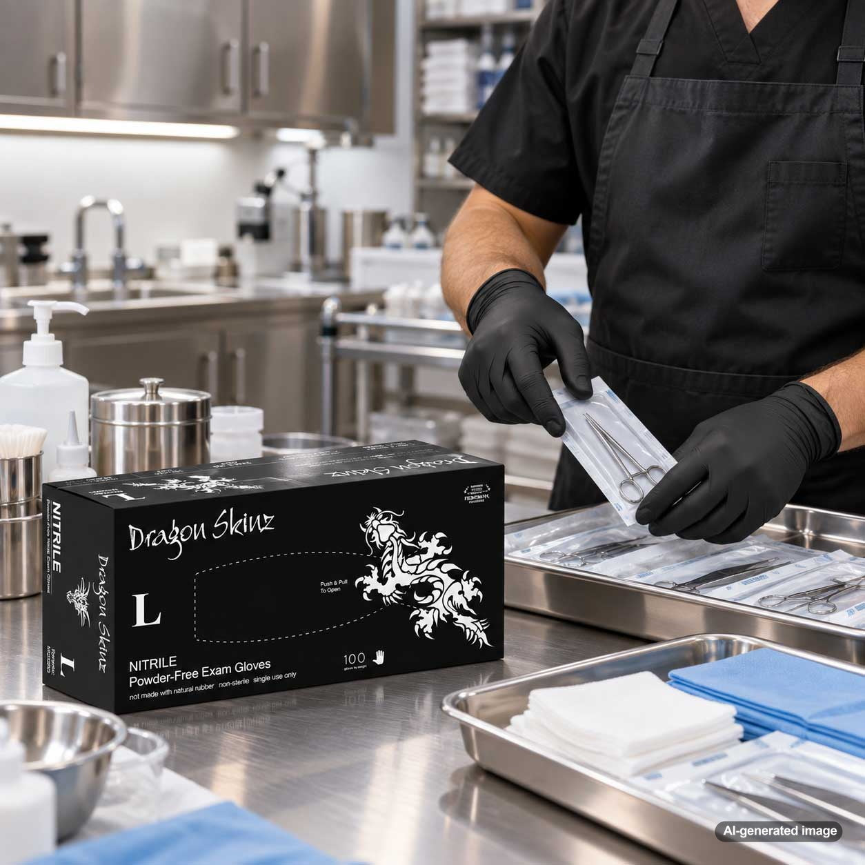 Mortuary professional wearing black Medgluv nitrile gloves while organizing instruments and preparation supplies