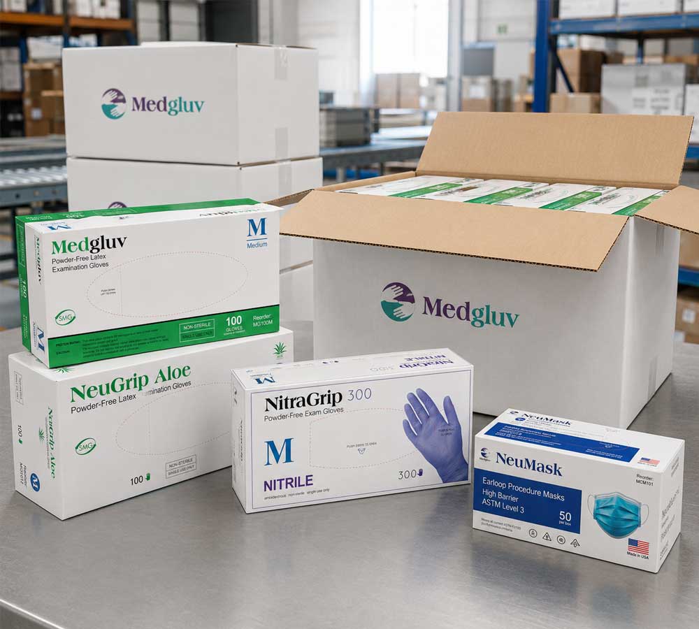 MedGluv glove boxes and PPE products prepared for shipment to professional facilities