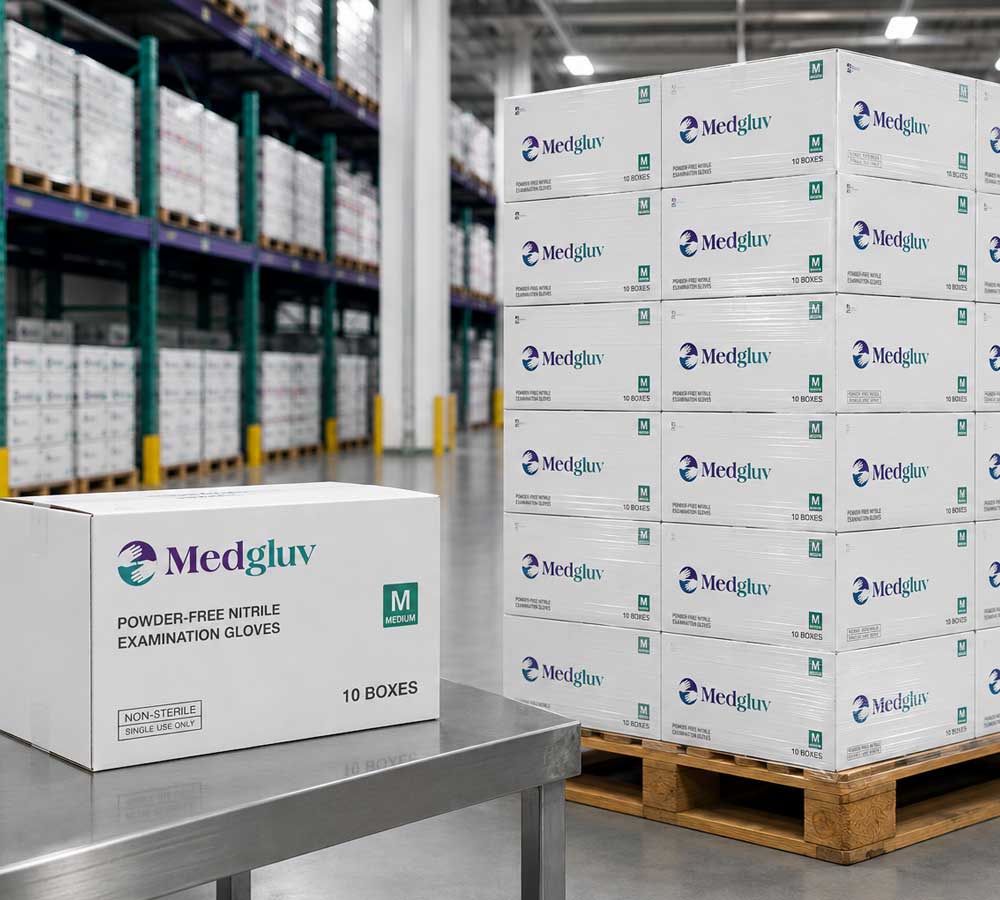 MedGluv glove cases and pallet quantity options prepared for business ordering