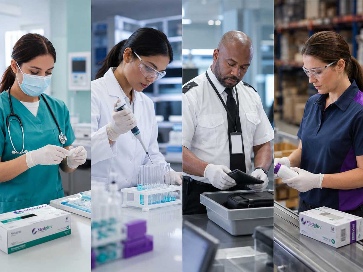 MedGluv gloves and PPE used across healthcare, laboratory, security, and professional environments