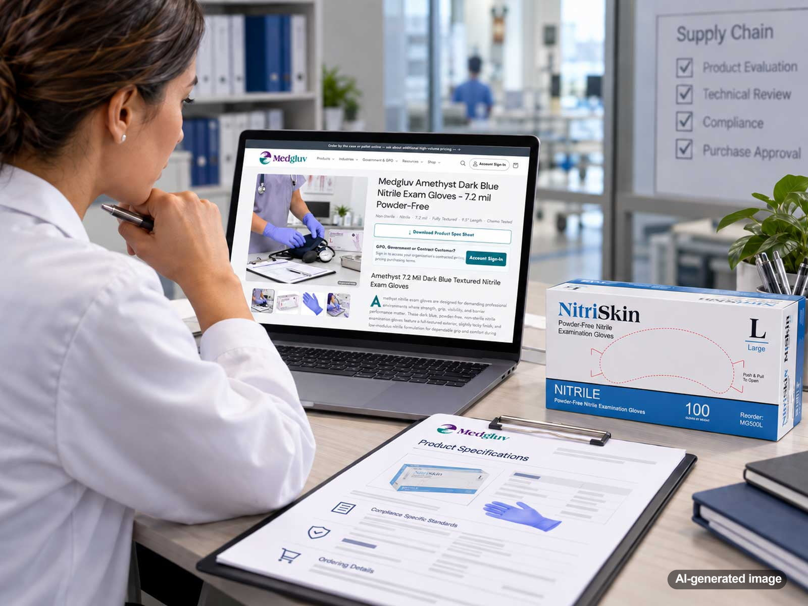 Institutional buyer reviewing MedGluv product specifications and product documentation