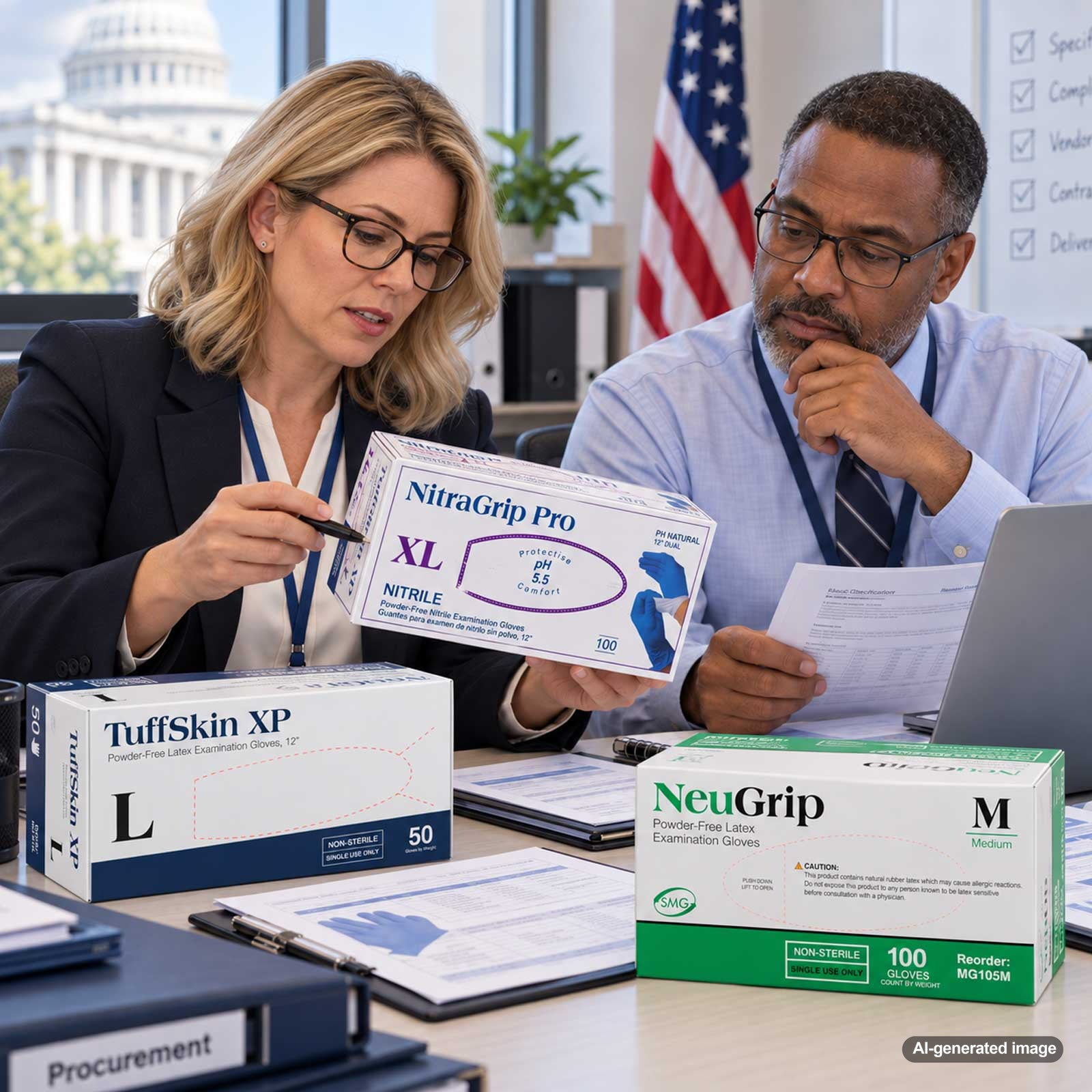 Government procurement professionals reviewing Medgluv glove products and purchasing documentation