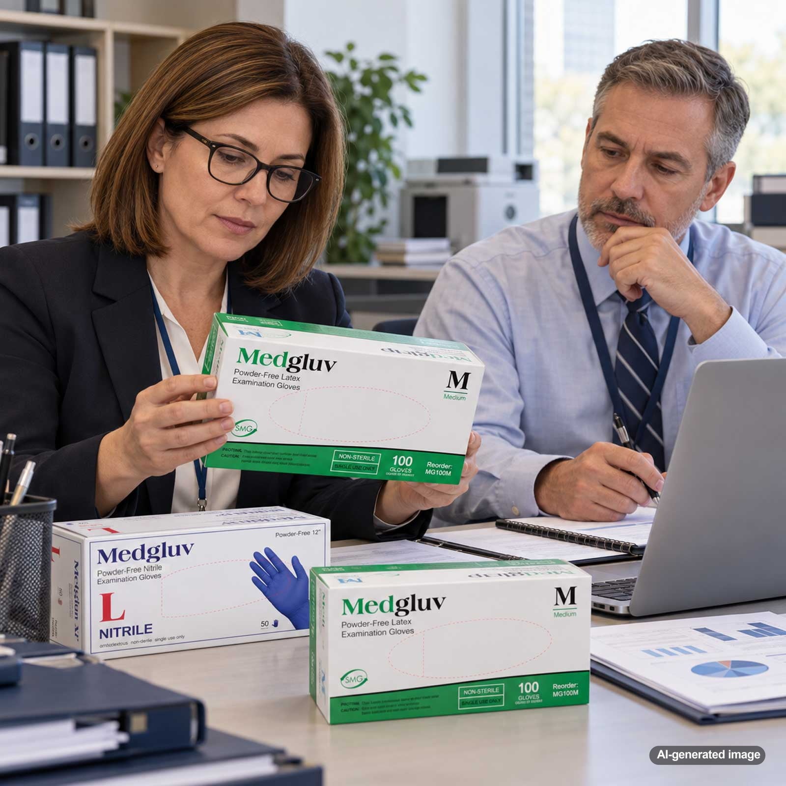 Government purchasing professionals reviewing Medgluv disposable glove products and specifications