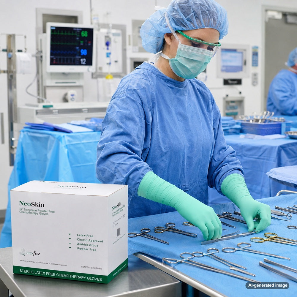 Medgluv NeoSkin Chemo Green Neoprene Sterile Exam Gloves - 8.2 mil Powder-Free - 12-Inch Extended Cuff