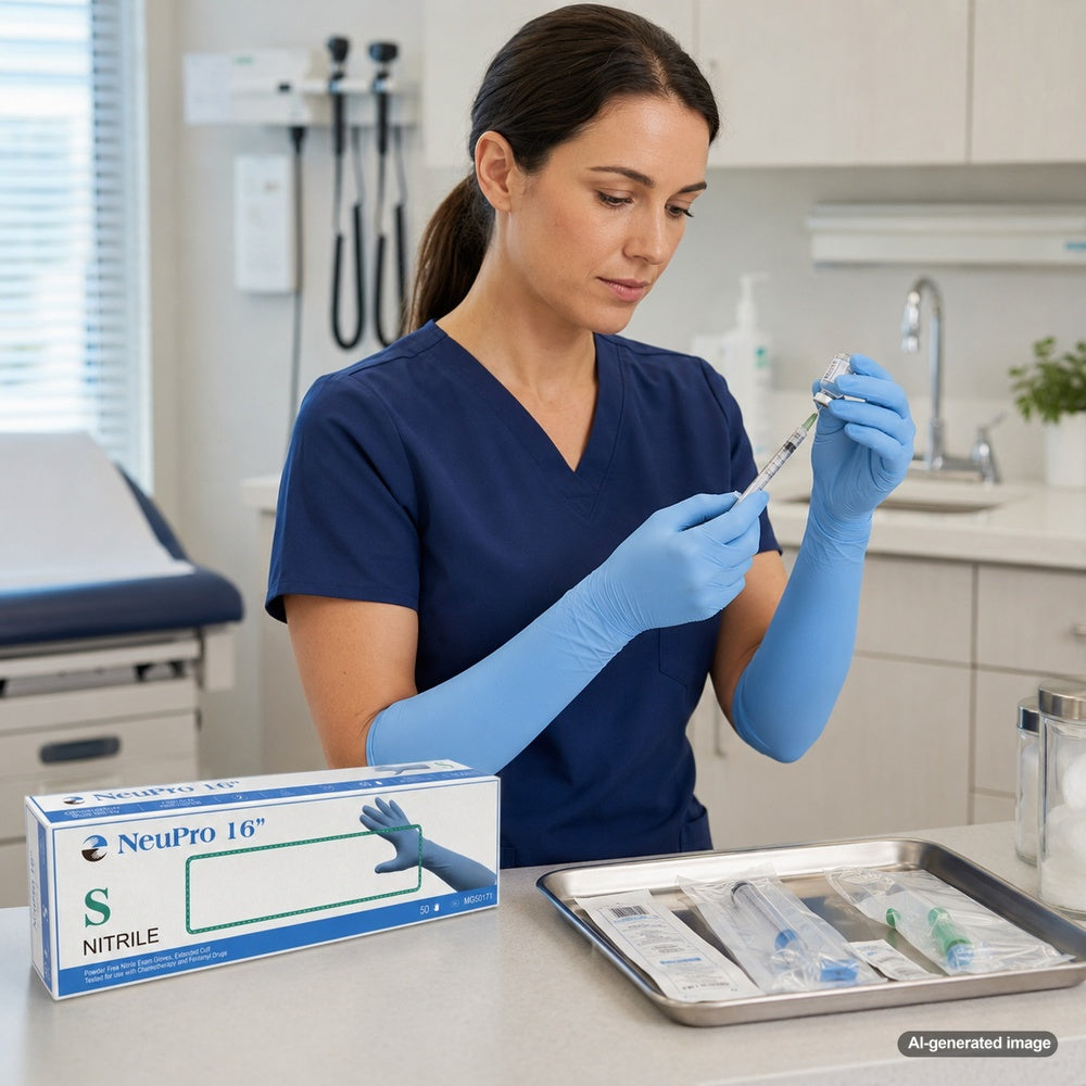 Medgluv NeuPro Blue Nitrile Exam Gloves - 16-Inch Extended Cuff