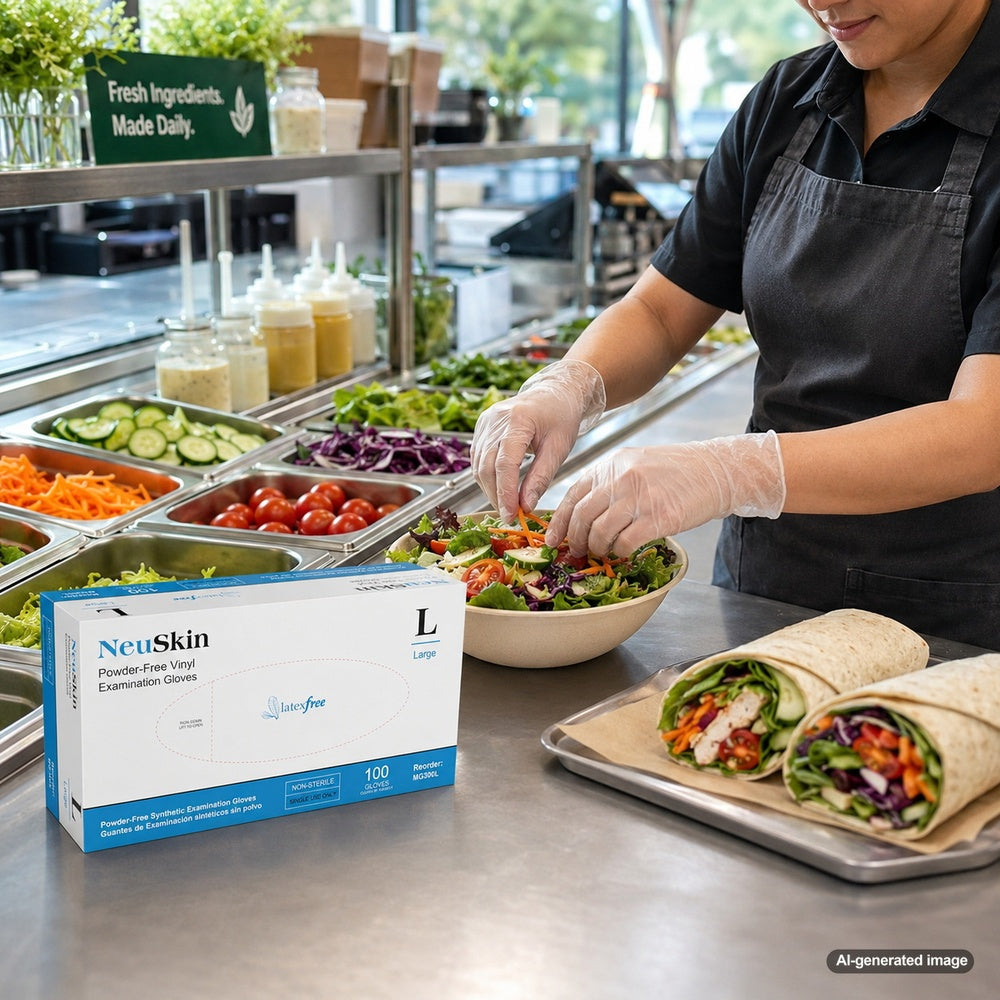 Food service professional wearing Medgluv NeuSkin clear vinyl examination gloves during food preparation