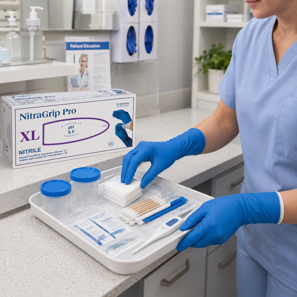 Medgluv NitraGrip Pro Blue/White Nitrile Exam Gloves - 8.2 mil Powder Free - 12-Inch Extended Cuff (100 Count Box)