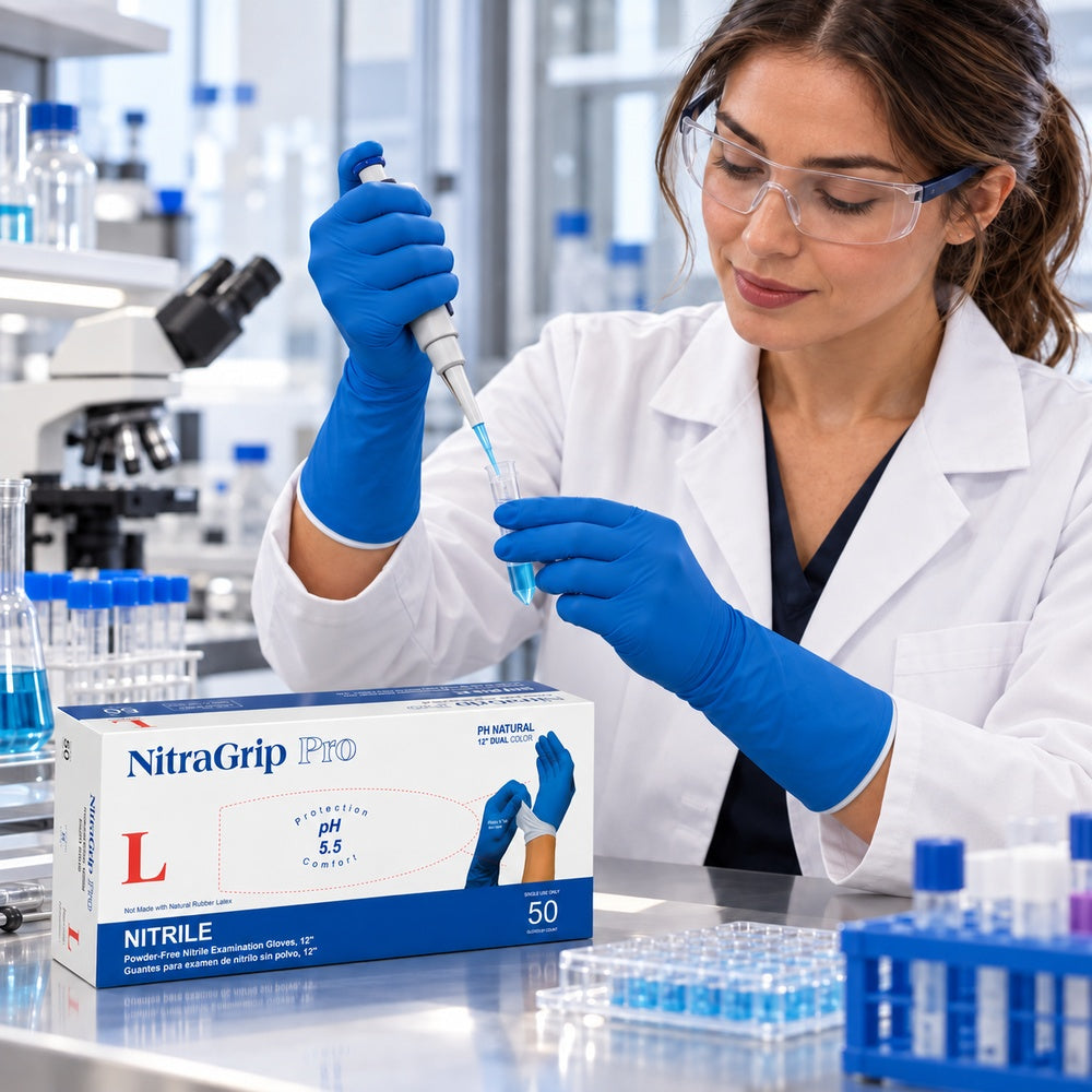 Laboratory professional wearing Medgluv NitraGrip Pro extended-cuff nitrile examination gloves