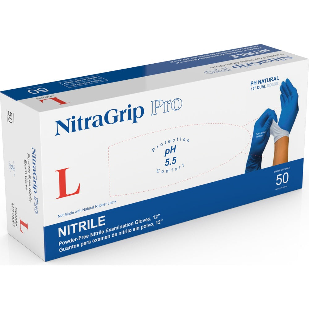 Medgluv NitraGrip Pro Blue/White Nitrile Exam Gloves - 8.2 mil Powder Free - 12-Inch Extended Cuff (50 Count Box)
