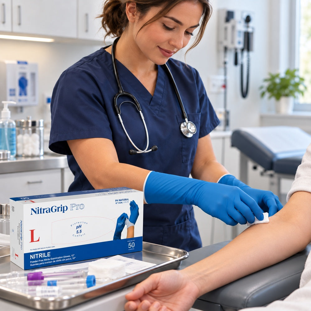 Medgluv NitraGrip Pro Blue/White Nitrile Exam Gloves - 8.2 mil Powder Free - 12-Inch Extended Cuff (50 Count Box)