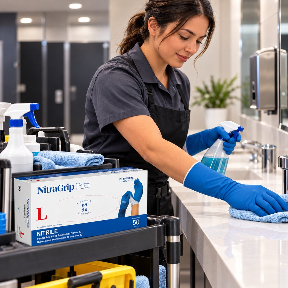 Medgluv NitraGrip Pro Blue/White Nitrile Exam Gloves - 8.2 mil Powder Free - 12-Inch Extended Cuff (50 Count Box)