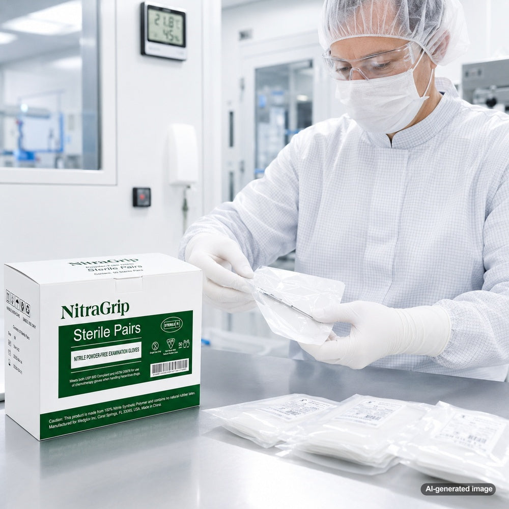 Medgluv NitraGrip White Nitrile Sterile Exam Gloves - 6.3 mil Powder Free - 12-Inch Extended Cuff