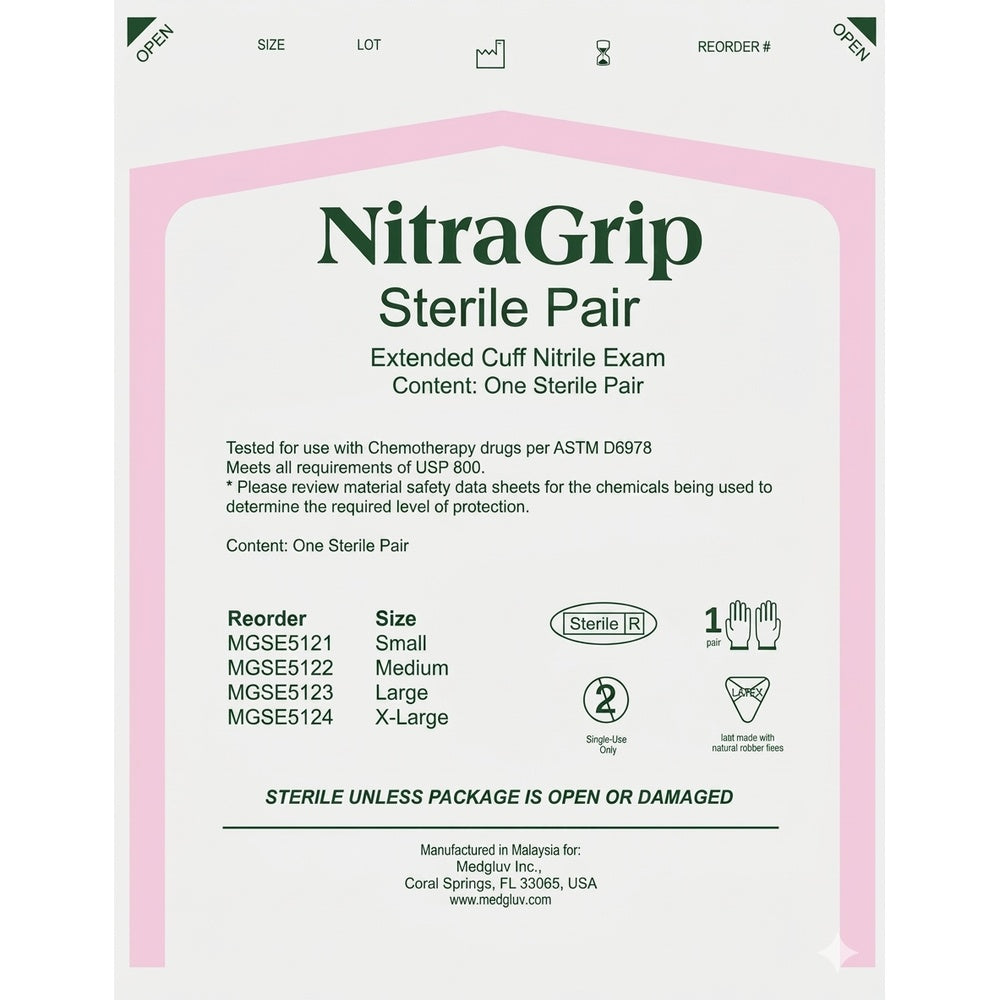 Medgluv NitraGrip White Nitrile Sterile Exam Gloves - 6.3 mil Powder Free - 12-Inch Extended Cuff