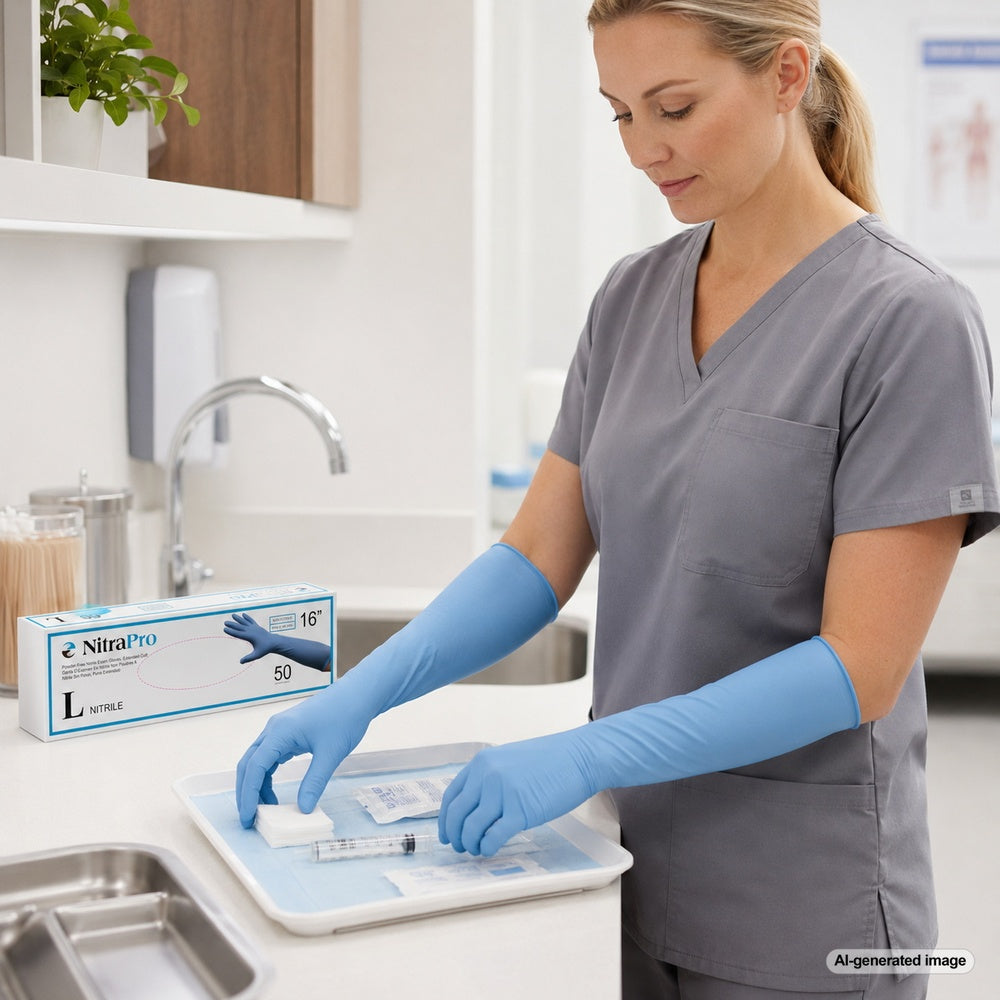 Medgluv NitraPro Blue Nitrile Exam Gloves - 11.4 mil Powder Free - 16-Inch Extended Cuff