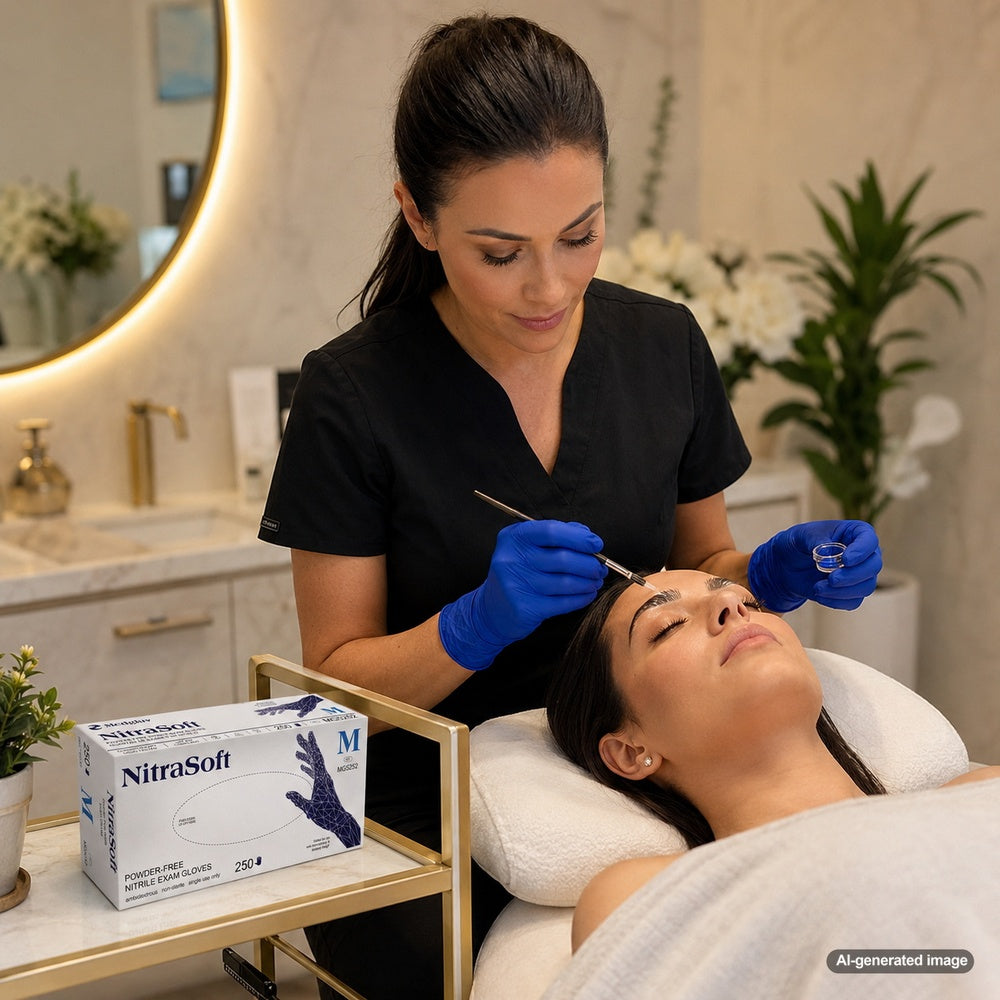 Spa professional wearing Medgluv NitraSoft 250 cobalt blue nitrile examination gloves during an aesthetics treatment