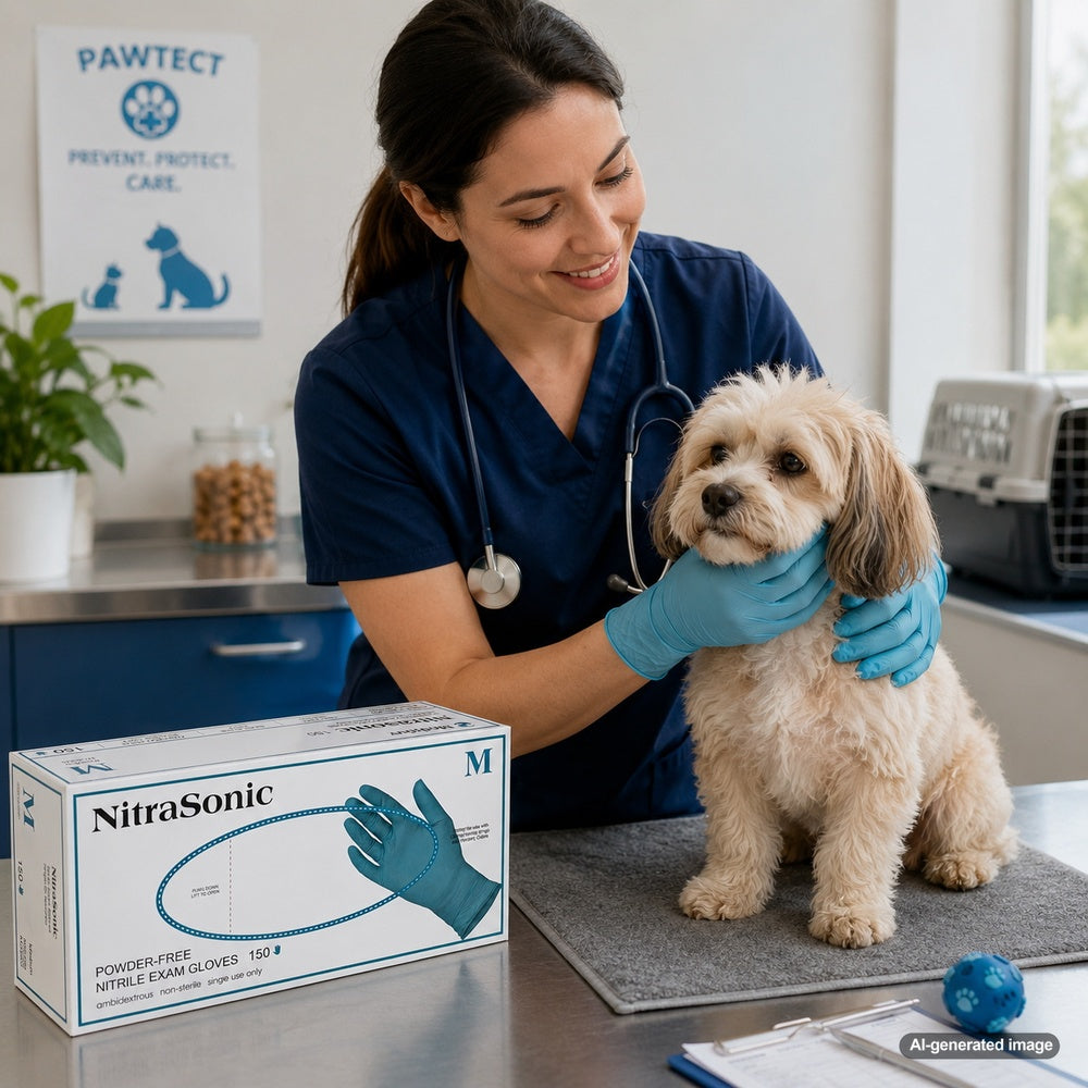 Veterinary professional wearing Medgluv NitraSonic 150 nitrile examination gloves while examining a dog