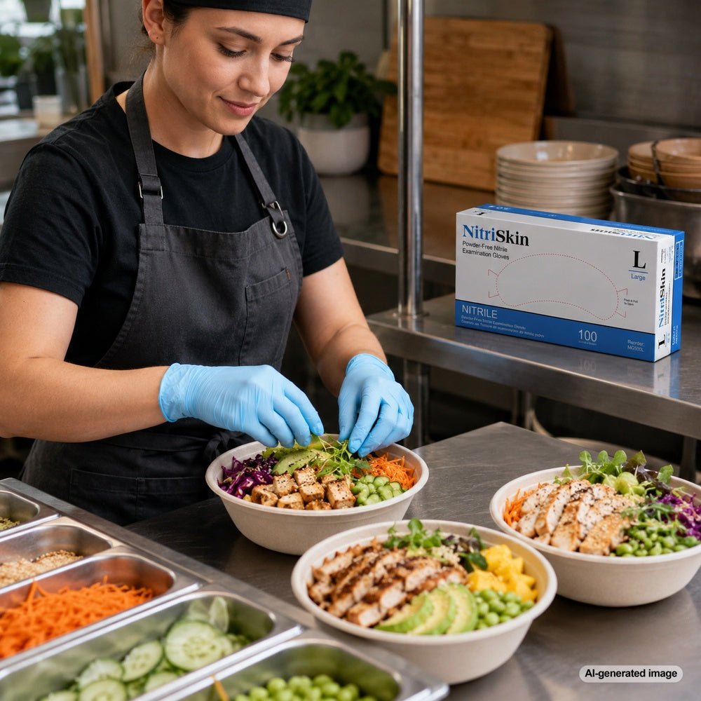 Kitchen professional wearing Medgluv NitriSkin sky blue nitrile examination gloves during food preparation
