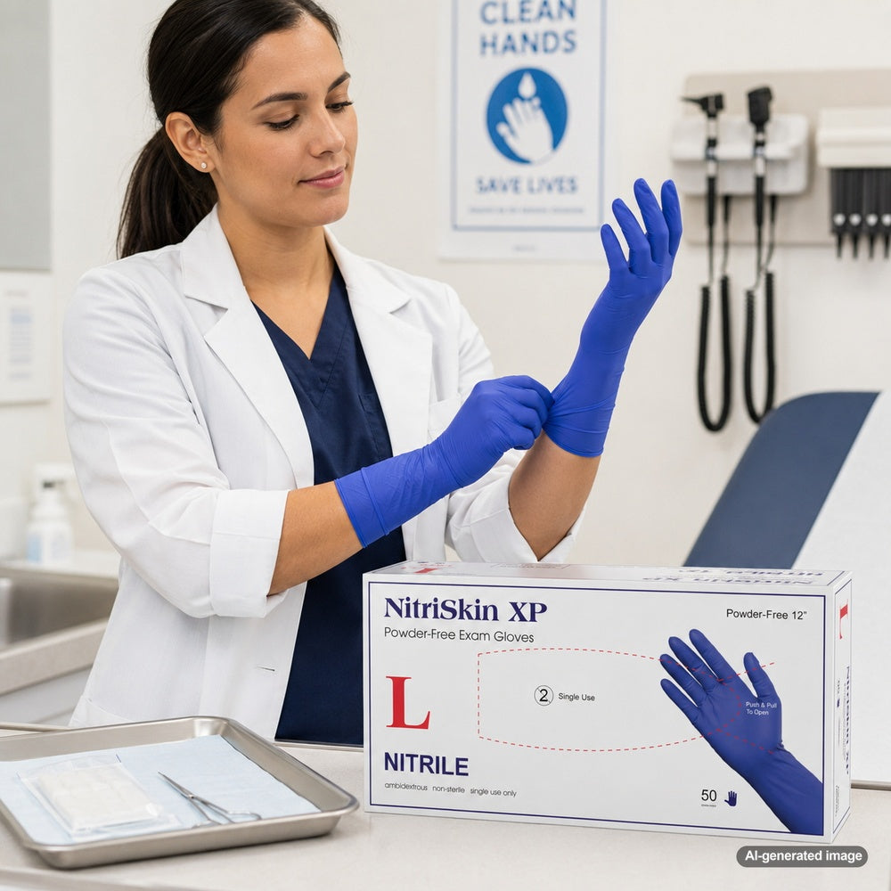 Medgluv NitriSkin XP Violet Blue Nitrile Exam Gloves - 8.2 mil Powder Free - 12-Inch Extended Cuff