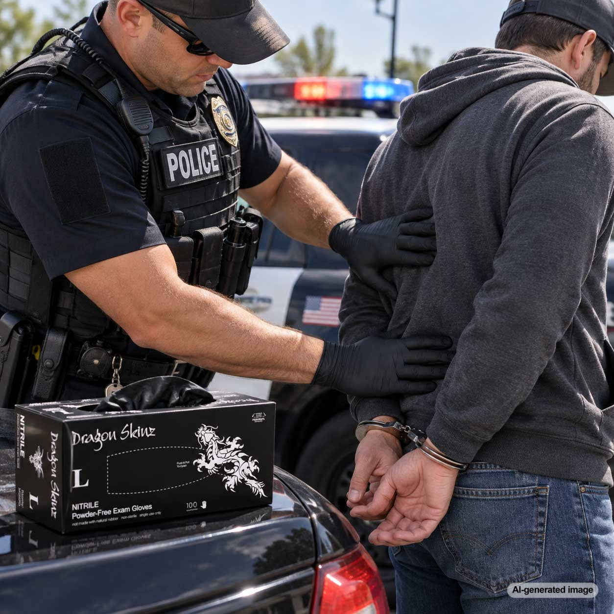 Law enforcement officer wearing disposable gloves during a traffic stop and arrest