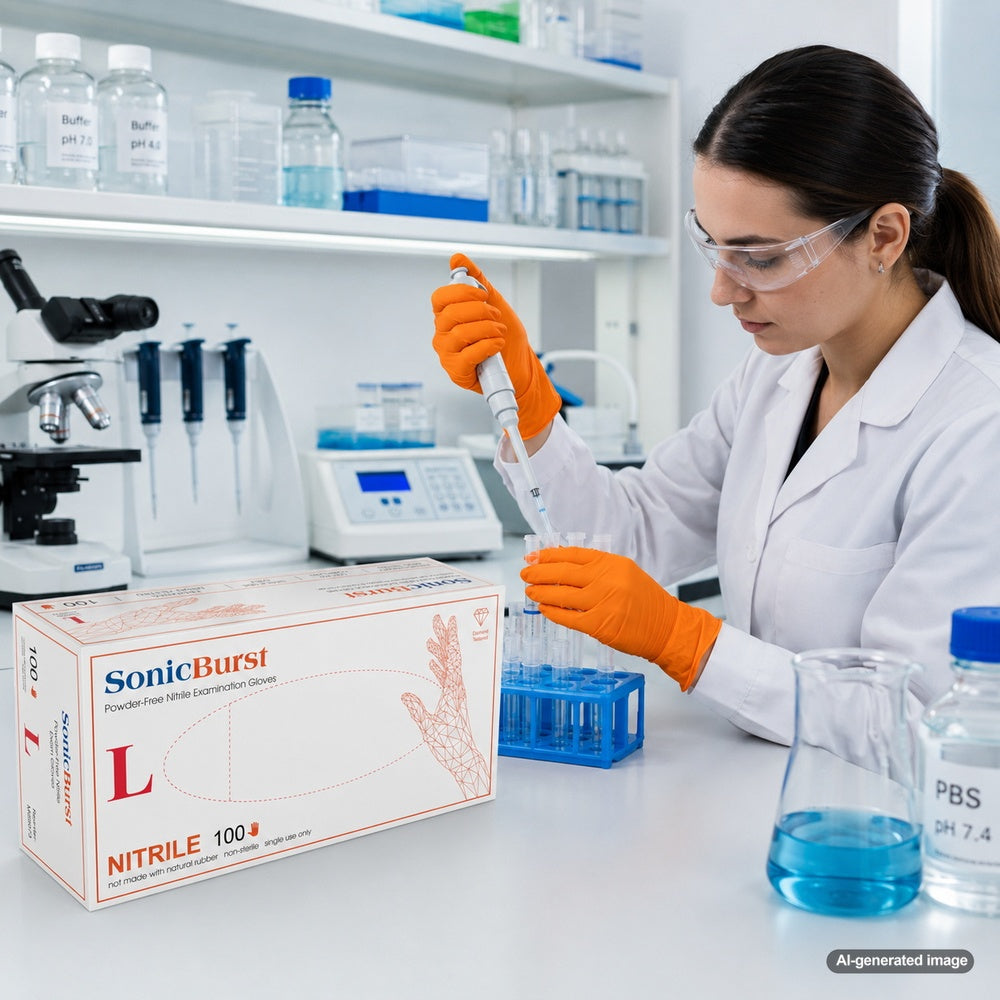 Laboratory professional wearing Medgluv SonicBurst orange nitrile examination gloves