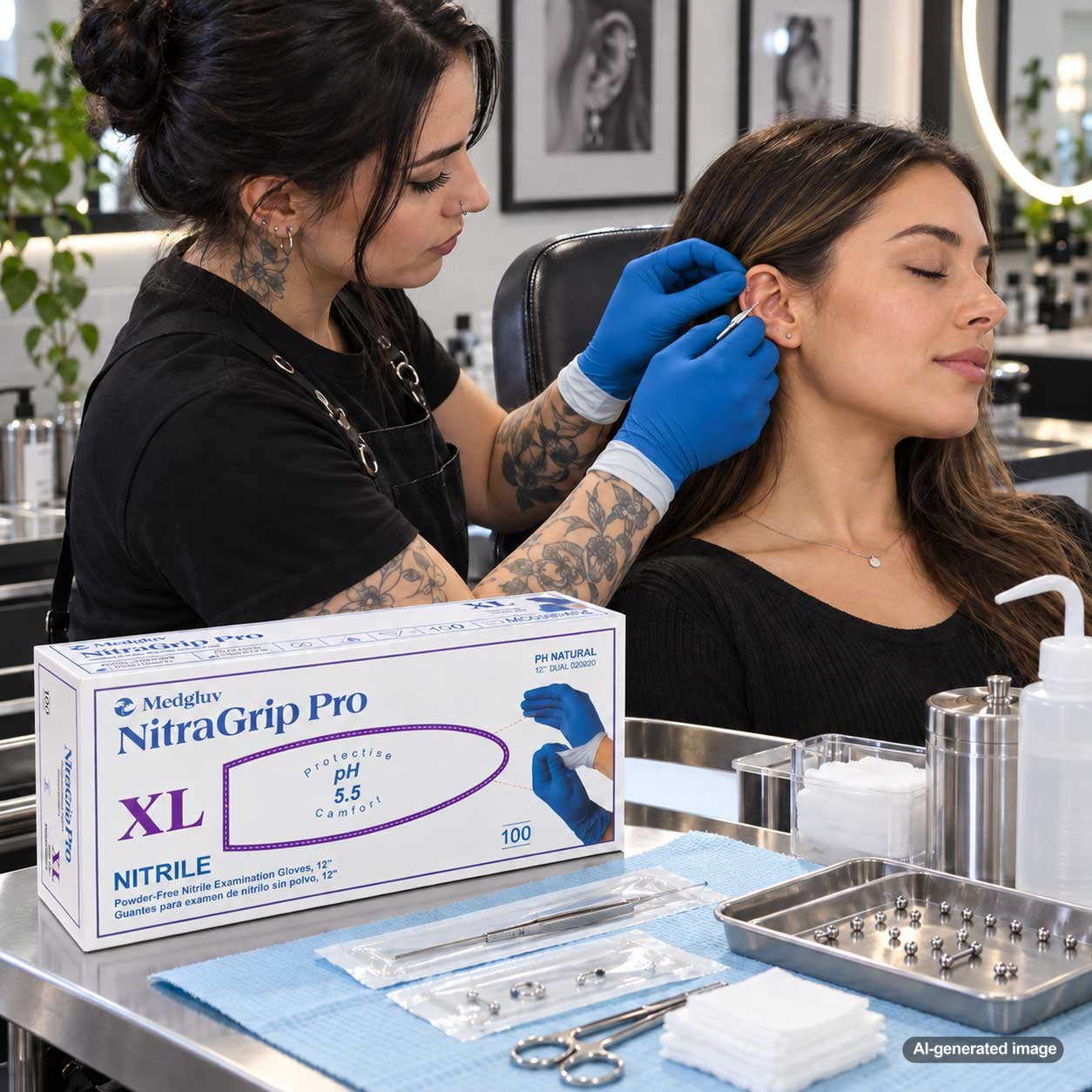 Tattoo professional wearing black Medgluv nitrile gloves while cleaning and preparing a workstation