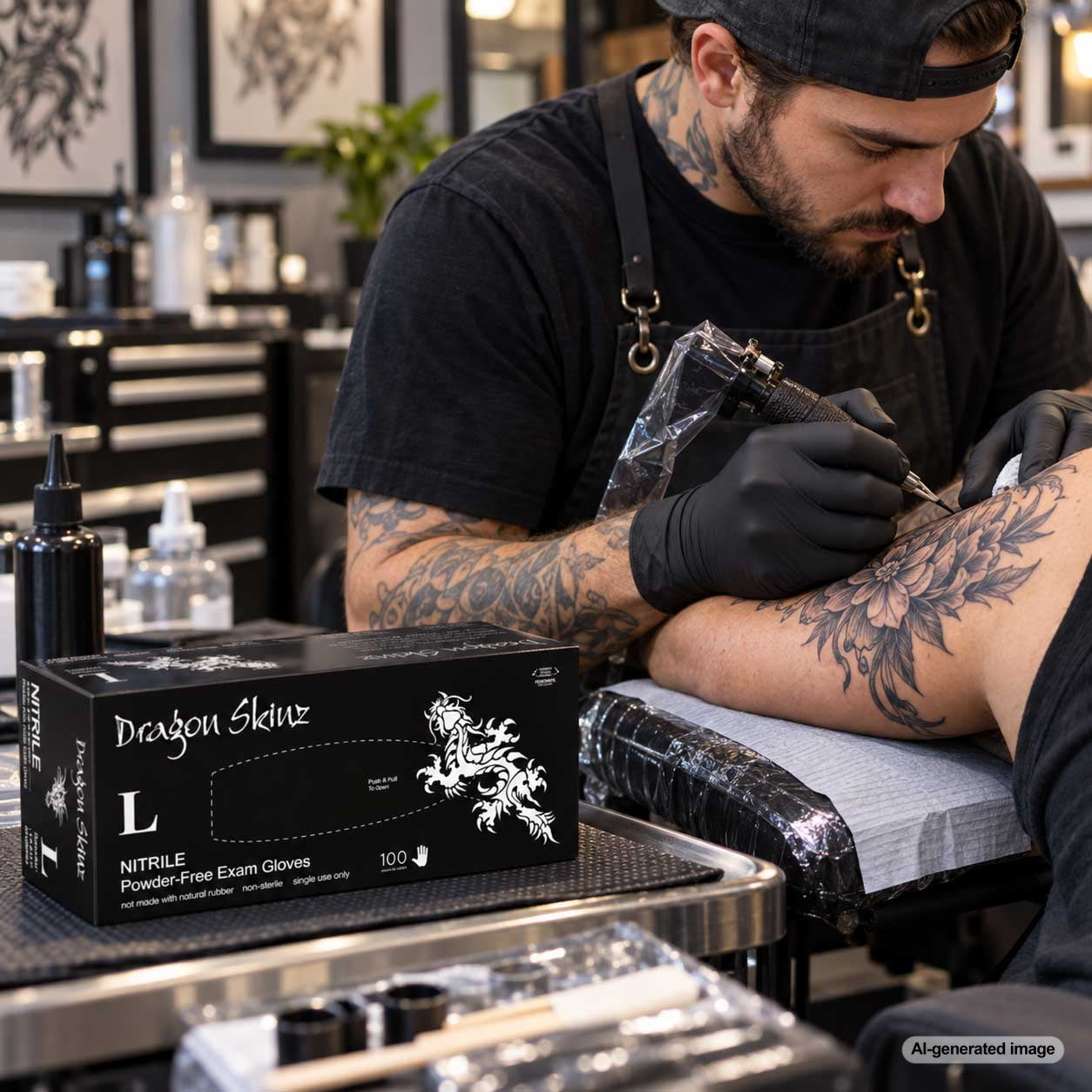 Tattoo artist wearing black Medgluv nitrile gloves while tattooing a client's arm