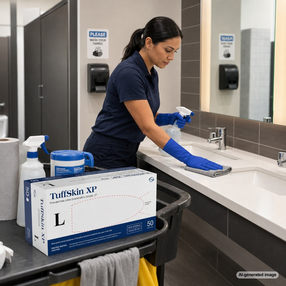 Janitorial professional wearing Medgluv TuffSkin XP 12-inch extended-cuff gloves during commercial restroom cleaning