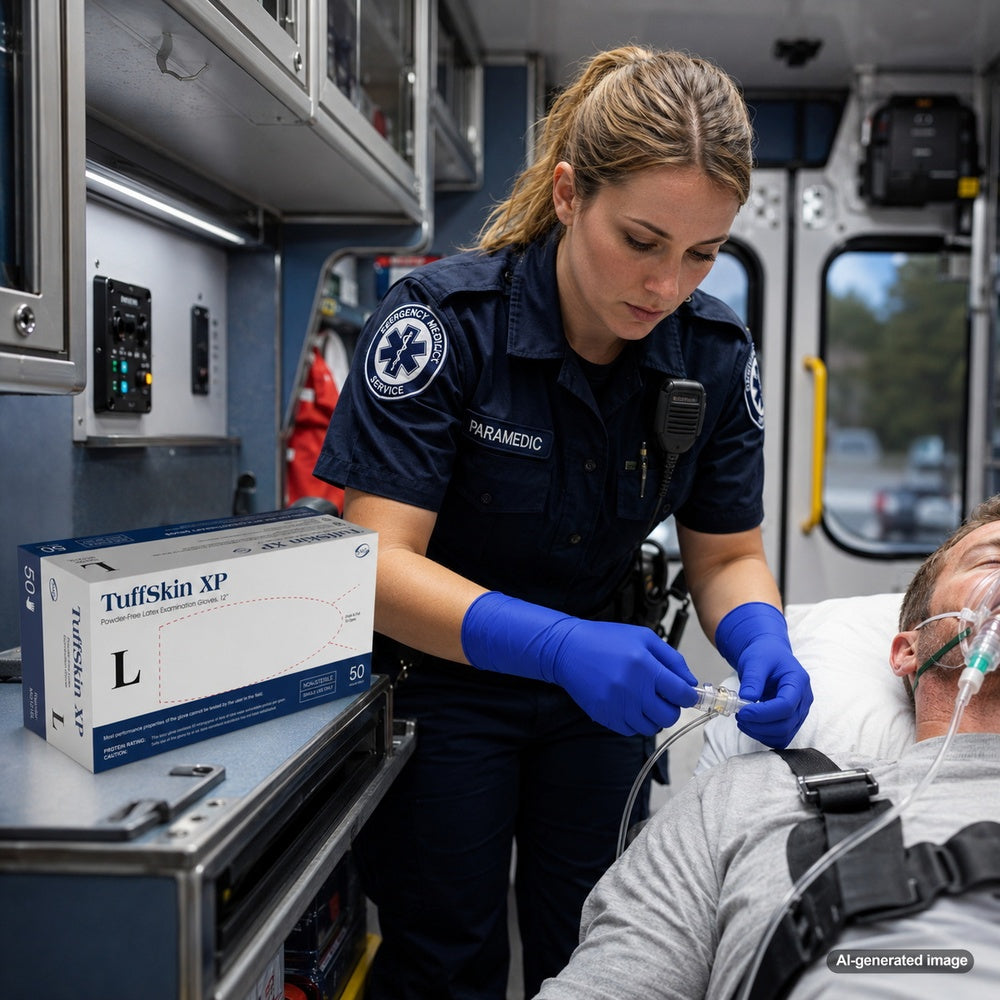 Emergency response professional wearing Medgluv TuffSkin XP 12-inch extended-cuff latex examination gloves