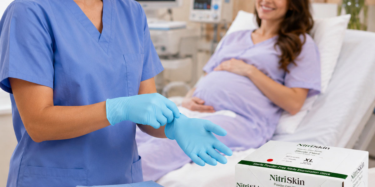 Professional wearing nitrile gloves in a clinical setting